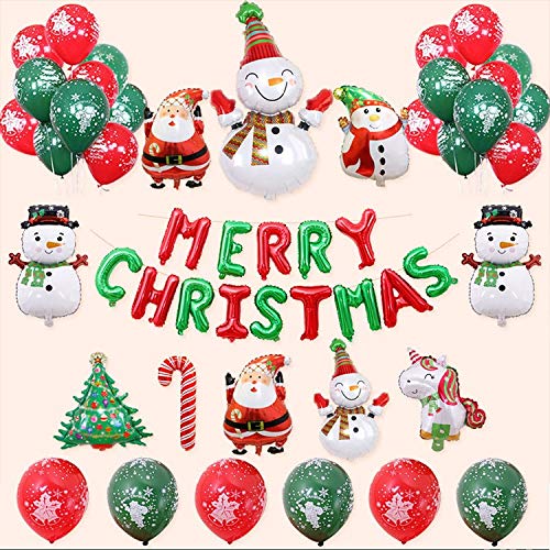 KAHEIGN Weihnachten Ballon Dekoration Kit, Merry Christmas Banner 10Pcs Weihnachtsmann Folienballon und 26Pcs Grün-Rote Weihnachtsballon Deko für Weihnachtsfeier Dekoration von KAHEIGN