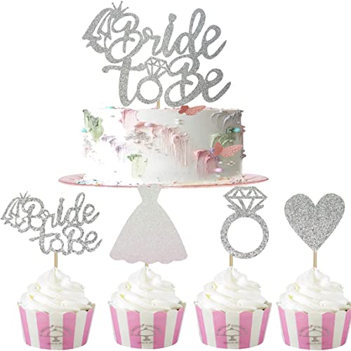 Bride To Be Cake Topper,12 Stück Silber Cupcake Topper Glitter Verlobung Deko Tortenstecker für Bridal Shower Supplies Bachelorette Party Dekorationen von KAIAIWLUO