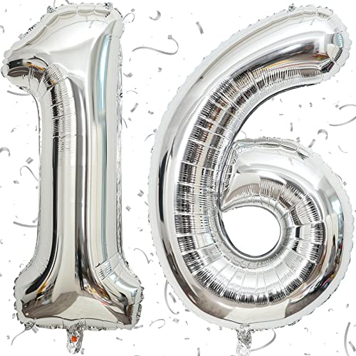 100cm Luftballon Zahlen 16 Silber Riesige Folienballon Helium 16 Luftballon (Zahl 16) von KAINSY