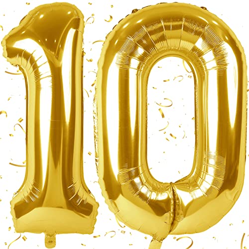 100cm XXL Ballon 10 Folienballon Nummer 10 Geburtstag Luftballon 10. Geburtstag Dekoration Jubiläum 10 Jahre Kindergeburtstag Folienballon Zahl 10 Gold von KAINSY