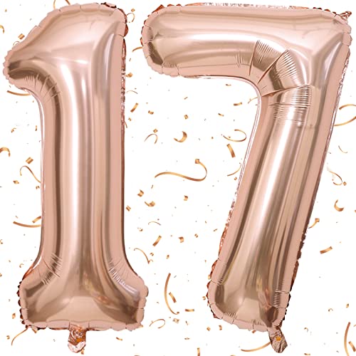 100cm XXL Ballon Folienballon Nummer 17 Rosegold Geburtstag Luftballon 17. Geburtstag Dekoration Jubiläum 17 Birthday Folienballon Zahl 17 von KAINSY