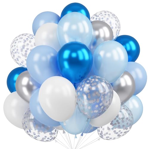 Luftballons in Blau, Silber und Weiß, 60 Stück, Metallicblau, Silber, Geburtstags-/Party-Luftballons, Macaron-Blau, Perlenblau, Weiß, Latex- Helium-Ballon-Set für Hochzeit Jahrestag Dekorationen von KAINSY