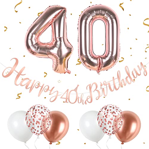 Deko 40 Geburtstag Frauen, Rosegold 40 Geburtstag Dekoration, Rosegold Happy 40. Birthday Girlande Banner mit 12 Zoll Konfetti Luftballons, Nummer 40 Folienballons für 40 Frau Party Geburtstag Deko von KAINSY