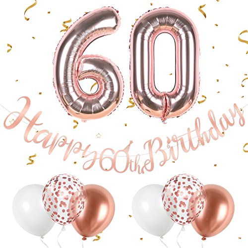 Deko 60 Geburtstag Frauen, Rosegold 60 Geburtstag Dekoration, Rosegold Happy 60. Birthday Girlande Banner mit 12 Zoll Konfetti Luftballons, Nummer 60 Folienballons für 60 Frau Party Geburtstag Deko von KAINSY