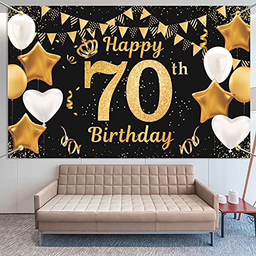 Extra Lange Banner für 70. Geburtstag - Schwarzes Gold Dekoration für Männer und Frauen, Stoff Zeichen Poster Hintergrund für Teenager Deko auf Garten Tabelle Mauer von KAINSY