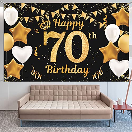 Extra Lange Banner für 70. Geburtstag Dekoration Schwarzes Gold Männer und Frauen, 70. Geburtstag Stoff Zeichen Poster Hintergrund für Teenager 70. Geburtstag Deko auf Garten Tabelle Mauer Dekor von KAINSY