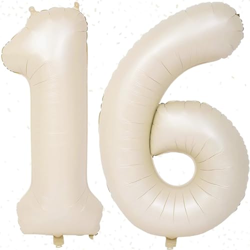Folienballon Zahl 16 Beige - Riesenzahl Ballon ca.100 cm Zahlen Luftballon 16 - Luftballon Zahl 16 - Fliegt mit Helium - zum 16. Mädchen Geburtstagsdeko, Jubiläum Party Dekoration - Ballon 16 Beige von KAINSY