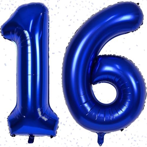 Folienballon Zahl 16 Marineblau - Riesenzahl Ballon ca.100 cm Zahlen Luftballon 16 - Luftballon Zahl 16 - Fliegt mit Helium - zum 16. Junge Mädchen Geburtstagsdeko, Jubiläum Party Dekoration von KAINSY