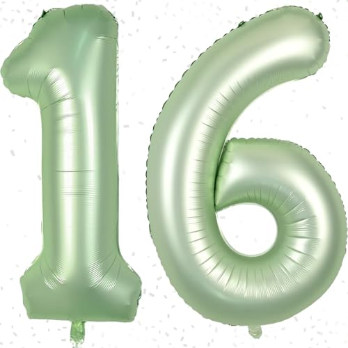 Folienballon Zahl 16 Salbeigrün - Riesenzahl Ballon ca.100 cm Zahlen Luftballon 16 - Luftballon Zahl 16 - Fliegt mit Helium - zum 16. Junge Mädchen Geburtstagsdeko, Jubiläum Party Dekoration von KAINSY