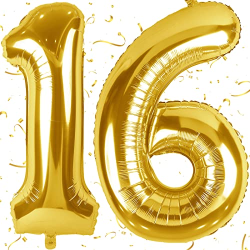 Folienluftballon Zahl Gold 16-100 cm - Riesen Zahlenballon - Fliegt mit Helium - Luftballon Zahl 16 Geburtstag - Geburtstagsdekoration - Deko Geburtstag Zahl 16, Gold von KAINSY