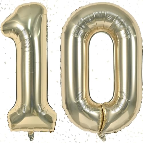 Geburtstag Zahlen Luftballon 10, Luftballon Zahlen 10 Champagner Gold, Luftballon 10. Geburtstag, 100cm Folienballon Zahl Ballon 10. Geburtstagsdeko, Zahlen Ballon für Jubiläumsparty Junge Mädchen von KAINSY