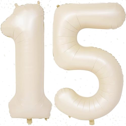 Geburtstag Zahlen Luftballon 15 jahre | Folienballon 15 XXL Luftballons Zahlen Beige - Riesen Folienballon in 40" - 100cm Geburtstagsdeko - Ballon Zahl Deko zum Mädchen Geburtstag - Fliegt mit Helium von KAINSY
