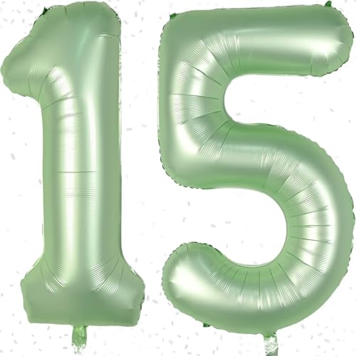 Geburtstag Zahlen Luftballon 15 jahre | Folienballon 15 XXL Luftballons Zahlen Salbeigrün - Riesen Folienballon in 40" - 100cm Geburtstagsdeko - Ballon Zahl Deko zum Junge Mädchen Geburtstag von KAINSY