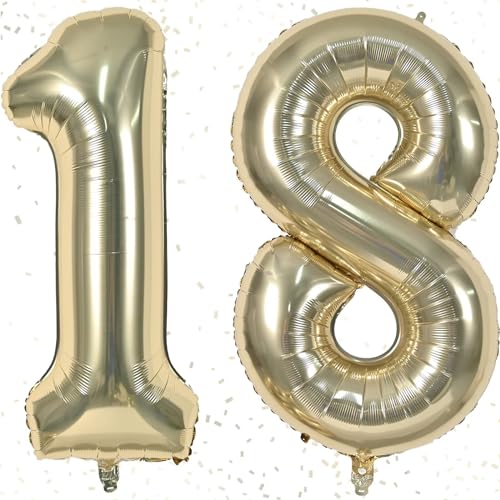 Geburtstag Zahlen Luftballon 18 jahre, 40" Champagner Gold Folienballon Zahl 18 für Junge Mädchen, 100cm Ballon 18. Geburtstagsdeko, Zahlenballon 18 zum Männer Frauen Jubiläum, Fliegt mit Helium von KAINSY