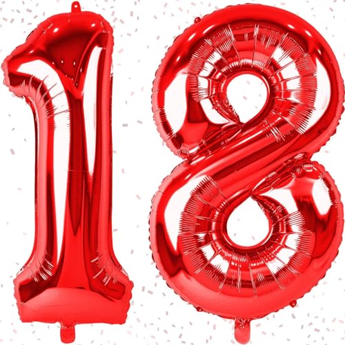 Geburtstag Zahlen Luftballon 18 jahre, 40" Groß Rot Folienballon Zahl 18 für Mädchen, 100cm XXL Ballon 18. Geburtstagsdeko, Zahlenballon 18 zum Frau Jubiläum Neujahr Party Deko, Fliegt mit Helium von KAINSY