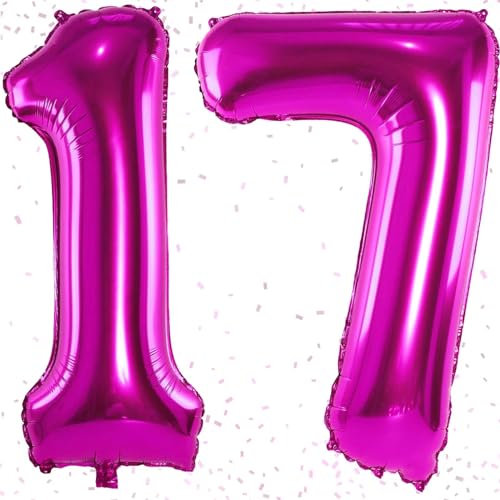 Hot Pink Luftballon 17. Geburtstag Zahl Luftballon 17 Rosa Riesen Folienballon Zahl Geburtstagsdeko Mädchen Groß Ballon Zahl 17 Deko zum Geburtstag. Geburtstagszahlen Luftballon Fliegt mit Helium von KAINSY