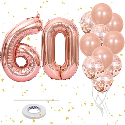 Luftballon 60. Geburtstag Rosegold, Geburtstagsdeko Mädchen 60 Jahr, Deko 60 Geburtstag Mädchen, Riesen Folienballon mit Roségold Latexballons, Roségold Konfetti Luftballons und Ballonbändern von KAINSY