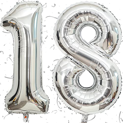 Luftballon Geburtstag Nr. 18 XXL Silber - Riesen Folienballon in 40" | 101cm Geburtstagsdeko | Ballon Zahl Deko zum Geburtstag | fliegt mit Helium (Zahl 18) von KAINSY