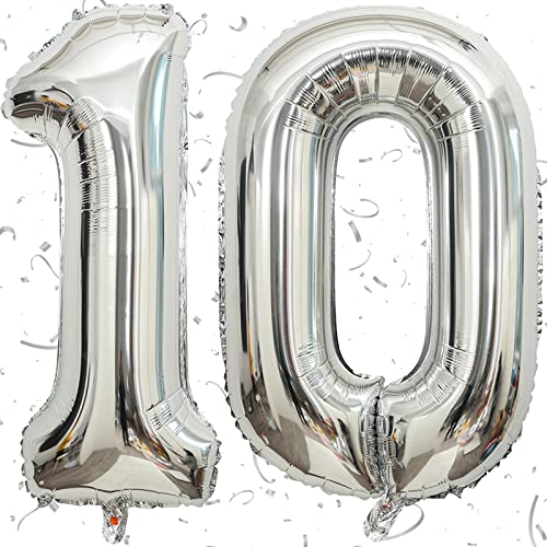 Luftballon Geburtstag XXL Silber - Riesen Folienballon in 40" | 101cm Geburtstagsdeko | Ballon Zahl Deko zum Geburtstag | fliegt mit Helium (Zahl 10) von KAINSY