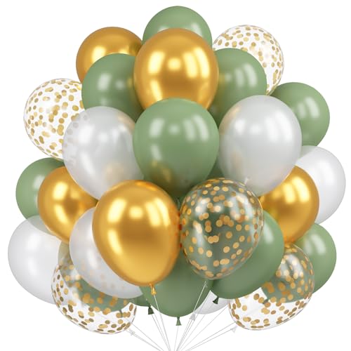 Luftballons Retro Sage Grün Weiß, 50 Stück Olive Grün Metallic Gold Luftballons Gold Konfetti Latex Ballons Helium Party Balloons für Junge Kinder Geburtstag Hochzeit Babyparty Safari Party, 12 Zoll von KAINSY