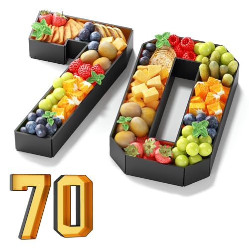 Pappnummern für Charcuterie, befüllbar, 34 cm, schwarz, gold, Pappmaché, Zahlenform, Cupcake-Förmchen, Behälter, Behälter für Lebensmittel, Süßigkeiten, 70. Geburtstag, Party-Dekoration, Jahrestag, 70 von KAINSY