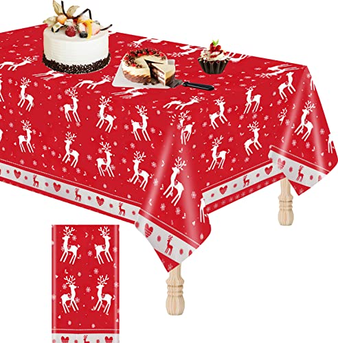 Tischdecke Rot Weihnachtstischdecke Wachstuchtischdecke Ultra Dünn PVC Elchen Bedruckte Weihnachtstischdecke Abdeckung rechteckig Wiederverwendbar für Xmas Party Holiday Winter Home, 108 x 180cm von KAINSY