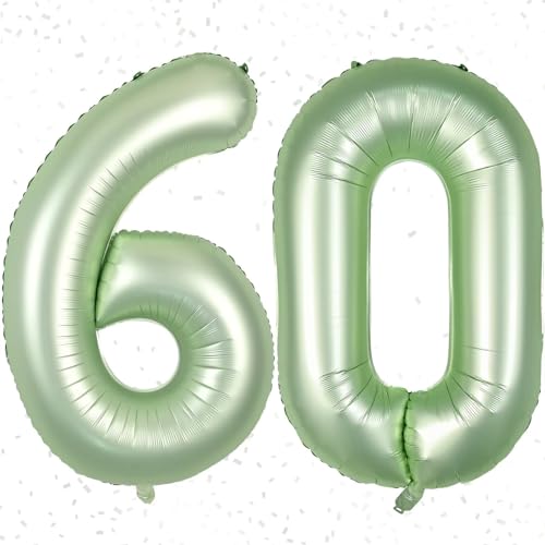 Zahlen Luftballon 60. Geburtstag Zahl 60 Riesen Folienballon Zahlen Groß 100cm Geburtstagsdeko Männer Luftballons Zahlen 60 Zahlenluftballon zum Geburtstag. Fliegt mit Helium, Salbeigrün Zahl 60 von KAINSY