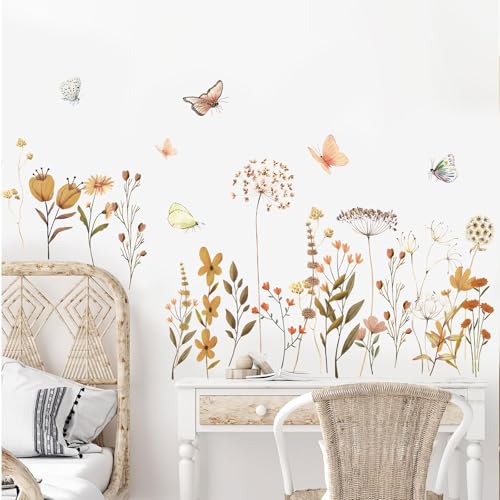 KAIRNE Blumen Boho Wandaufkleber Schmetterling Löwenzahn Pflanzen Wandsticker Wildblume Löwenzahn Gras Wanddeko für Schlafzimmer Wohnzimmer Sofa Hintergrund Garten Wandtattoo Kinderzimmer Wanddeko von KAIRNE