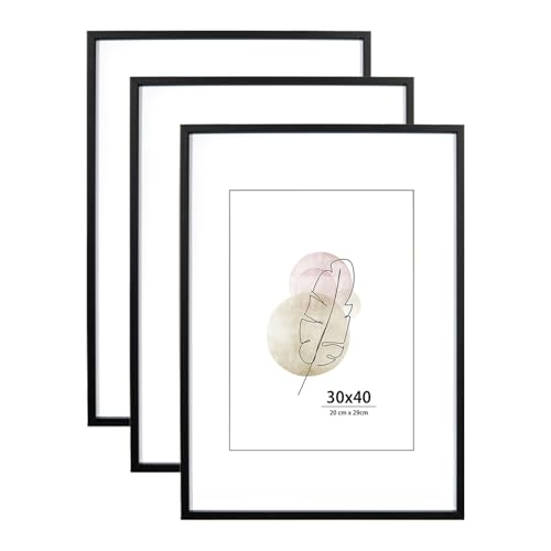KAIWIN Bilderrahmen 30x40 cm Schwarz Holz Fotorahmen 3er Set Holzrrahmen mit Passepartout zum aufhängen Benutzt für Wohnzimmer, Schlafzimmer, Arbeitszimmer, für Fotos, Kunstwerke und Poster von KAIWIN