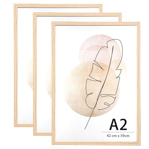 KAIWIN Bilderrahmen A2 Eichenholz Holz Fotorahmen 3er Set Holzrrahmen Puzzlerahmen mit Acrylglas zum aufhängen Benutzt für Wohnzimmer, Schlafzimmer, Arbeitszimmer, für Poster und fotos von KAIWIN