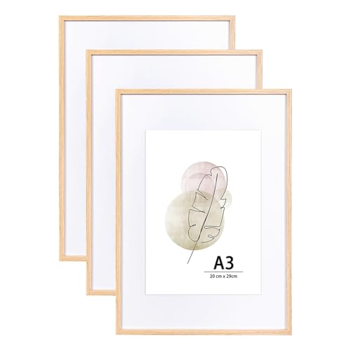 KAIWIN Bilderrahmen A3 Eichenholz Holz Fotorahmen 3er Set MDF mit Acrylglas zum aufhängen Benutzt für Wohnzimmer, Schlafzimmer, Arbeitszimmer, für Fotos, Kunstwerke und Poster von KAIWIN