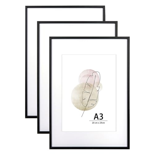 KAIWIN Bilderrahmen A3 Schwarz Holz Fotorahmen 3er Set Holzrrahmen mit Passepartout zum aufhängen Benutzt für Wohnzimmer, Schlafzimmer, Arbeitszimmer, für Fotos, Kunstwerke und Poster von KAIWIN
