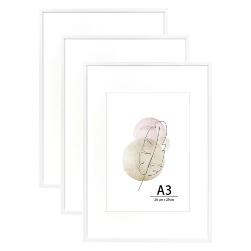 KAIWIN Bilderrahmen A3 Weiß Holz Fotorahmen 3er Set Holzrrahmen mit Passepartout zum aufhängen Benutzt für Wohnzimmer, Schlafzimmer, Arbeitszimmer, für Fotos, Kunstwerke und Poster von KAIWIN