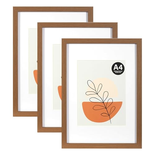 KAIWIN Bilderrahmen A4 Braun 3er Set, 21x29.7cm mit Passepartout 15x20cm, Bilderrahmen Din A4 Holz mit Acrylglas zum Aufhängen und Aufstellen | für Fotos, Poster, Puzzles, A4 Bilderrahmen von KAIWIN