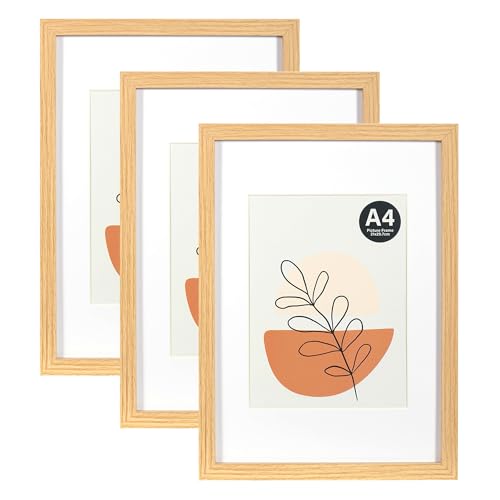 KAIWIN Bilderrahmen A4 Eiche 3er Set, 21x29.7cm mit Passepartout 15x20cm, Bilderrahmen Din A4 Holz mit Acrylglas zum Aufhängen und Aufstellen | für Fotos, Poster, Puzzles, Posterrahmen von KAIWIN