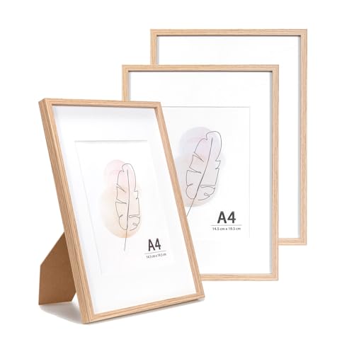 KAIWIN Bilderrahmen A4 Eichenholz Holz Fotorahmen 3er Set mit Passepartout zum aufhängen und aufstellen Benutzt für Wohnzimmer, Schlafzimmer, Arbeitszimmer, für Fotos, Kunstwerke und Poster von KAIWIN