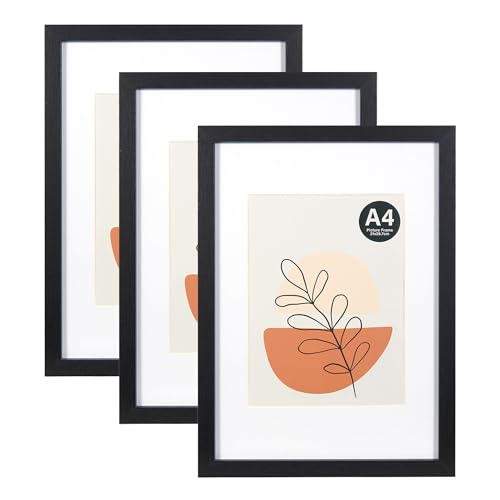 KAIWIN Bilderrahmen A4 Schwarz 3er Set, 21x29.7cm-mit Passepartout 15x20cm, Bilderrahmen Din A4 Holz mit Acrylglas zum aufhängen und aufstellen, Für Fotos, Poster, Puzzles| Posterrahmen von KAIWIN