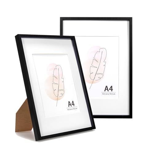 KAIWIN Bilderrahmen A4 Schwarz Holz Fotorahmen 2er Set Holzrrahmen mit Passepartout zum aufhängen und aufstellen Benutzt für Wohnzimmer, Schlafzimmer, Arbeitszimmer, für Fotos, Kunstwerke und Poster von KAIWIN