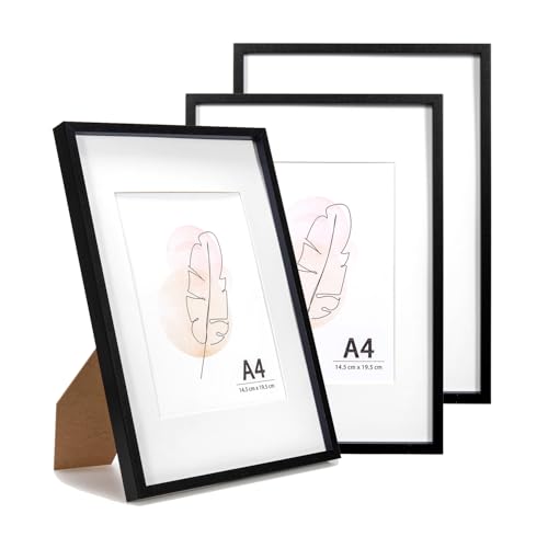 KAIWIN Bilderrahmen A4 Schwarz Holz Fotorahmen 3er Set Holzrrahmen mit Passepartout zum aufhängen und aufstellen Benutzt für Wohnzimmer, Schlafzimmer, Arbeitszimmer, für Fotos, Kunstwerke und Poster von KAIWIN