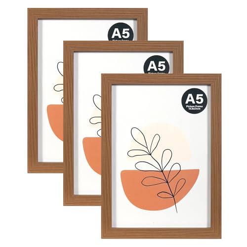 KAIWIN Bilderrahmen A5 Braun 3er Set, 21x14,8 cm rahmen mit Acrylglas zum Aufhängen und Aufstellen, Bilderrahmen A5 Holz für Fotos, Bilder von KAIWIN