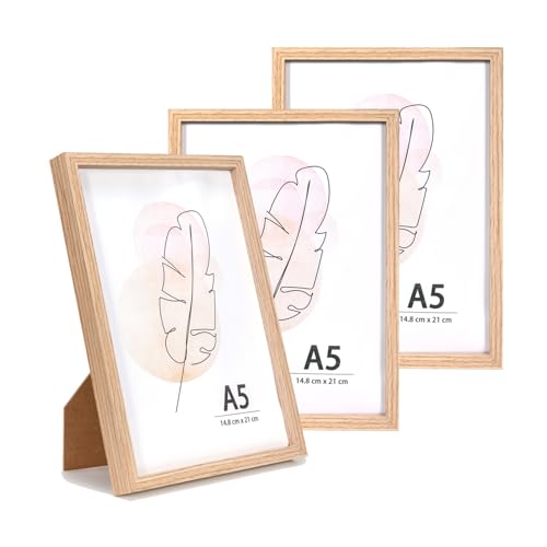 KAIWIN Bilderrahmen A5 Eichenholz Holz Fotorahmen 3er Set MDF mit Acrylglas zum aufhängen und aufstellen Benutzt für Wohnzimmer, Schlafzimmer, Arbeitszimmer, für Fotos, Kunstwerke und Poster von KAIWIN