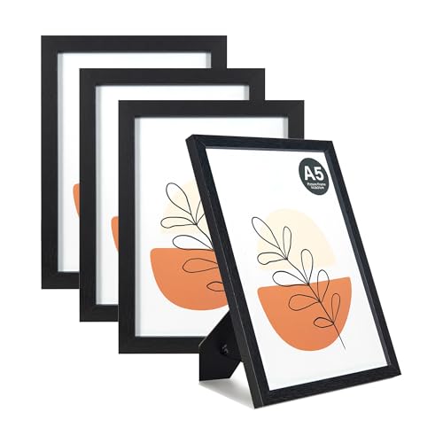 KAIWIN Bilderrahmen A5 Schwarz 4er Set, 21X14.8cm rahmen mit Acrylglas zum aufhängen und aufstellen, Bilderrahmen A5 Holz für Fotos, Bilder von KAIWIN