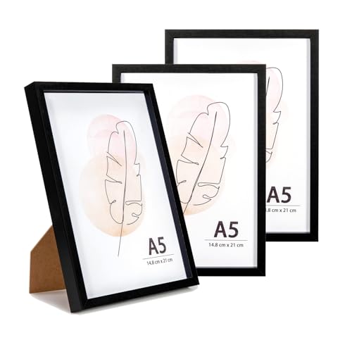 KAIWIN Bilderrahmen A5 Schwarz Holz Fotorahmen 3er Set Holzrrahmen zum aufhängen und aufstellen Benutzt für Wohnzimmer, Schlafzimmer, Arbeitszimmer, für Fotos, Kunstwerke und Poster von KAIWIN