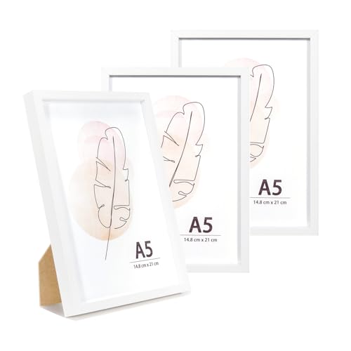 KAIWIN Bilderrahmen A5 Weiß Holz Fotorahmen 3er Set MDF mit Acrylglas zum aufhängen und aufstellen Benutzt für Wohnzimmer, Schlafzimmer, Arbeitszimmer, für Fotos, Kunstwerke und Poster von KAIWIN