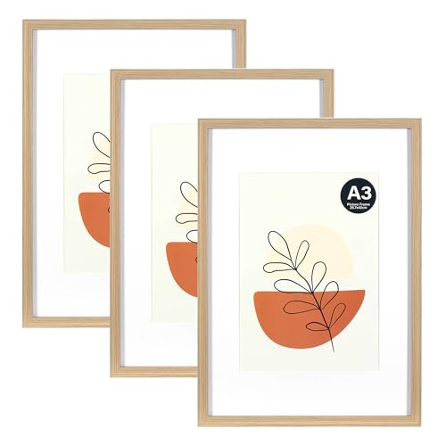 KAIWIN Bilderrahmen Grau A3 3er Set mit Passepartout 21x30 cm (A4) | Fotorahmen mit Acrylglas zum Aufhängen | Für Poster, Puzzles, Posterrahmen, Natur Amerikanische Weiß-Eiche, Holz-Bilderrahmen von KAIWIN