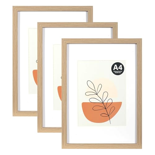 KAIWIN Bilderrahmen A4 Grau 3er Set, 21x29.7cm mit Passepartout 15x20cm, Bilderrahmen Din A4 mit Acrylglas zum Aufhängen und Aufstellen, Posterrahmen, Holz Natur Amerikanische Weiß-Eiche von KAIWIN