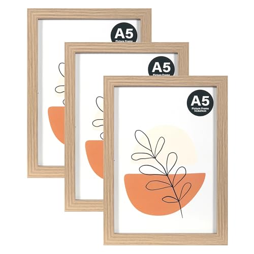 KAIWIN Bilderrahmen A5 Grau 3er Set, 21x14,8 cm rahmen mit Acrylglas zum Aufhängen und Aufstellen, Bilderrahmen A5 Holz für Fotos, Bilder, Natur Amerikanische Weiß-Eiche von KAIWIN