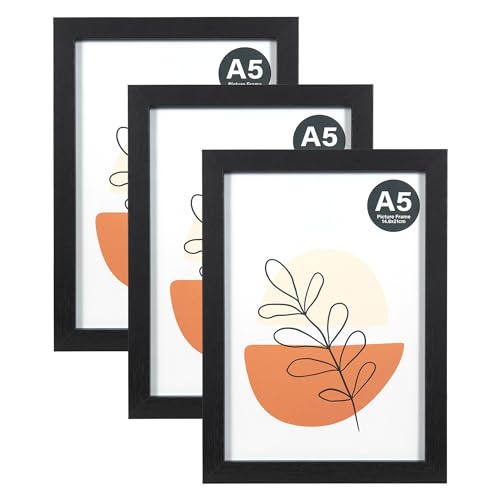 KAIWIN Bilderrahmen A5 Schwarz 3er Set, 21X14.8cm rahmen mit Acrylglas zum aufhängen und aufstellen, Bilderrahmen A5 Holz für Fotos, Bilder von KAIWIN