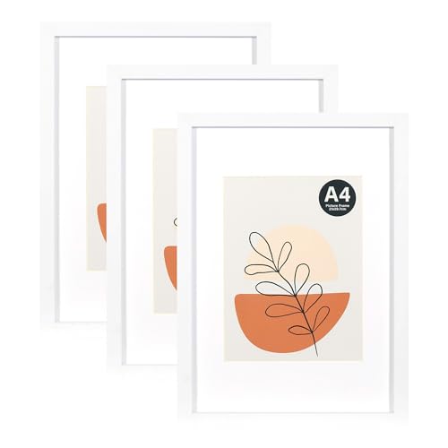 KAIWIN Bilderrahmen A4 Weiß 3er Set, 21x29.7cm mit Passepartout 15x20cm, Bilderrahmen Din A4 Holz mit Acrylglas zum aufhängen und aufstellen, Für Fotos, Poster, Puzzles| Posterrahmen von KAIWIN