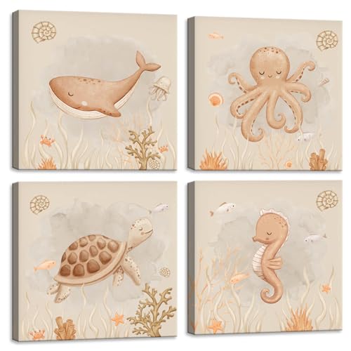 Vintage Kinderzimmer Dekor Ozeantiere Wandkunst-Set Aquarell Seepferdchen Meeresschildkröte Wal Oktopus Drucke unter dem Meer Baby Kinderzimmer Wanddekoration für Schlafzimmer Ozean Badezimmer Dekor von KAKEMONO